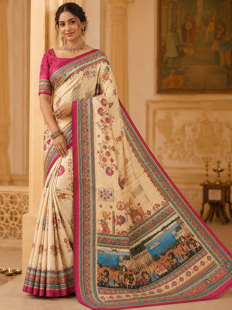 cream-pink digital printing with dori and pasmina silk saree