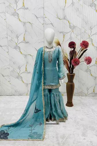 Fendi silk  embroidery sky blue readymade salwar suit