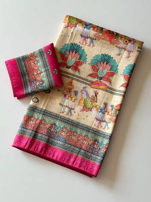 cream-pink digital printing with dori and pasmina silk saree 2