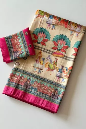 cream-pink digital printing with dori and pasmina silk saree