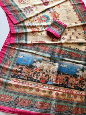 cream-pink digital printing with dori and pasmina silk saree 3
