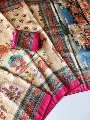 cream-pink digital printing with dori and pasmina silk saree 4