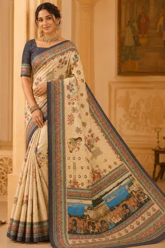 cream-brown digital printing with dori and pasmina silk saree