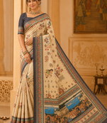 cream-brown digital printing with dori and pasmina silk saree