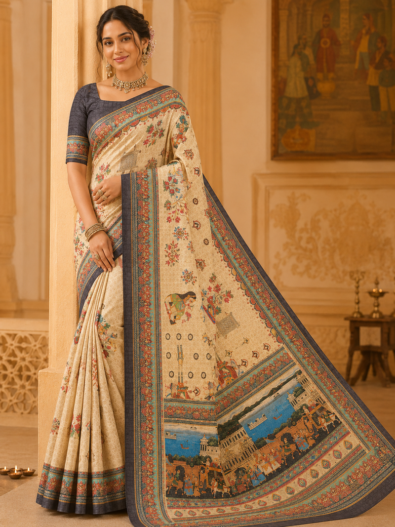 cream-brown digital printing with dori and pasmina silk saree