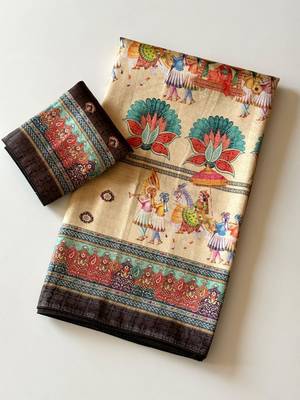 cream-brown digital printing with dori and pasmina silk saree 2