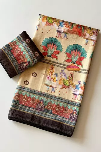 cream-brown digital printing with dori and pasmina silk saree