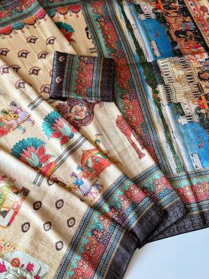 cream-brown digital printing with dori and pasmina silk saree 4