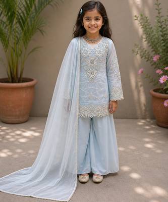 Faux georgette embroidery sky blue readymade salwar suit 1