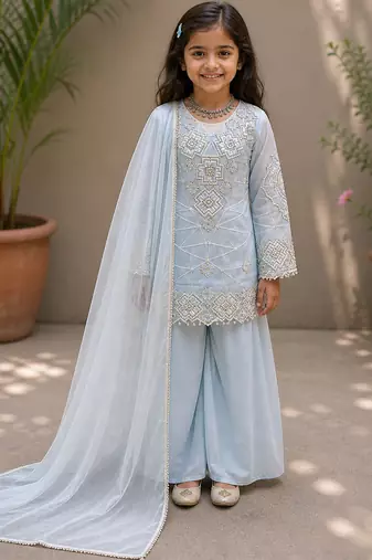 Faux georgette embroidery sky blue readymade salwar suit