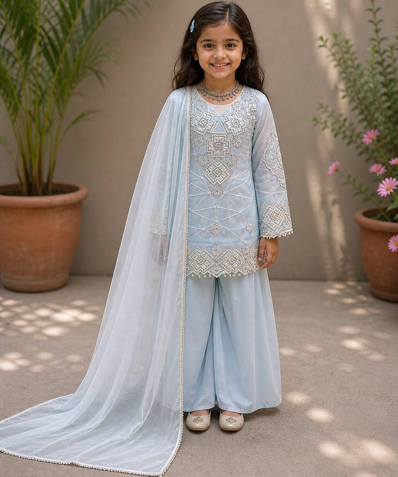 Faux georgette embroidery sky blue readymade salwar suit