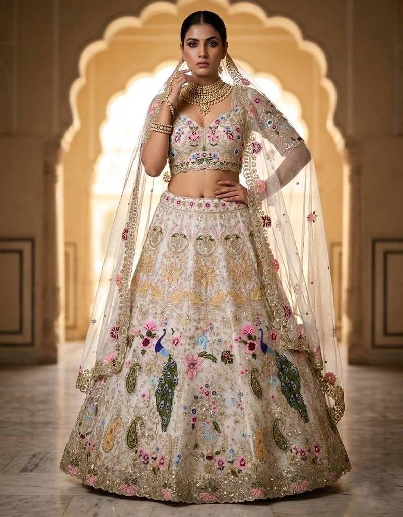 white organza silk blend waer embroidered lehenga choli 