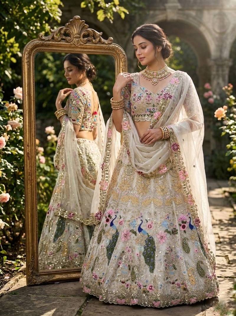 white organza silk blend waer embroidered lehenga choli 