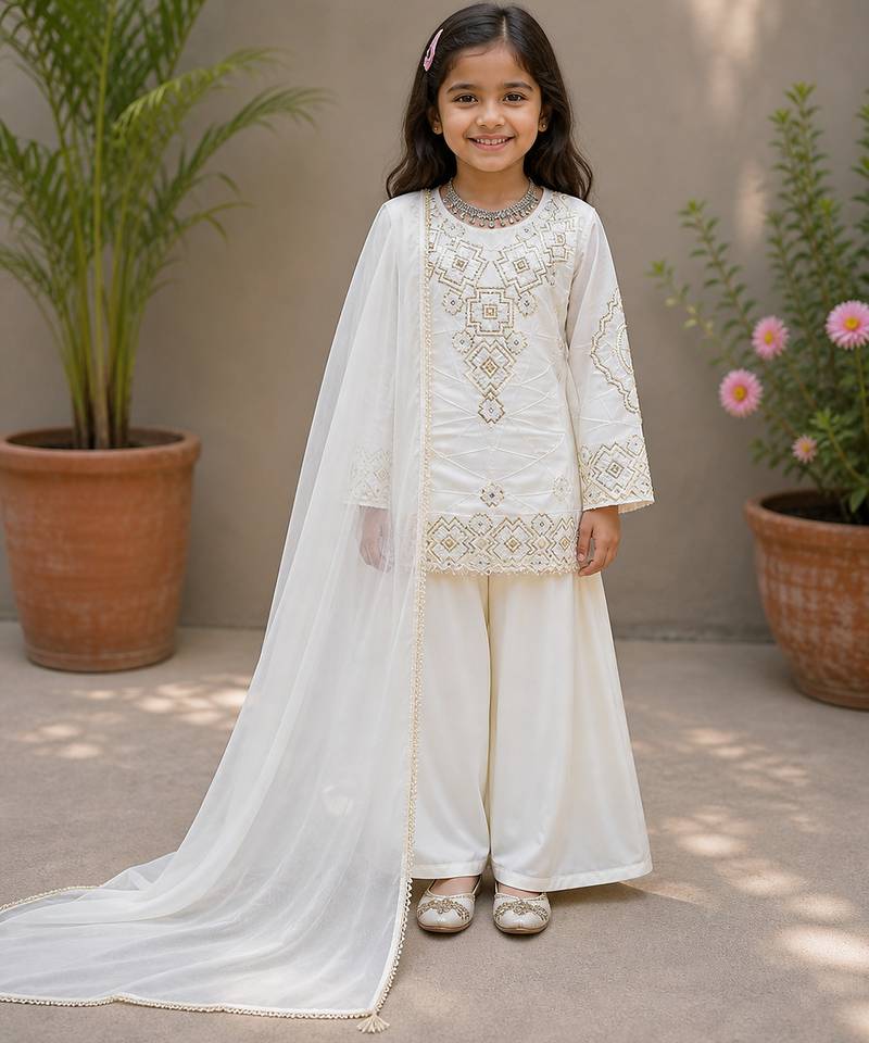 Faux georgette embroidery white readymade salwar suit