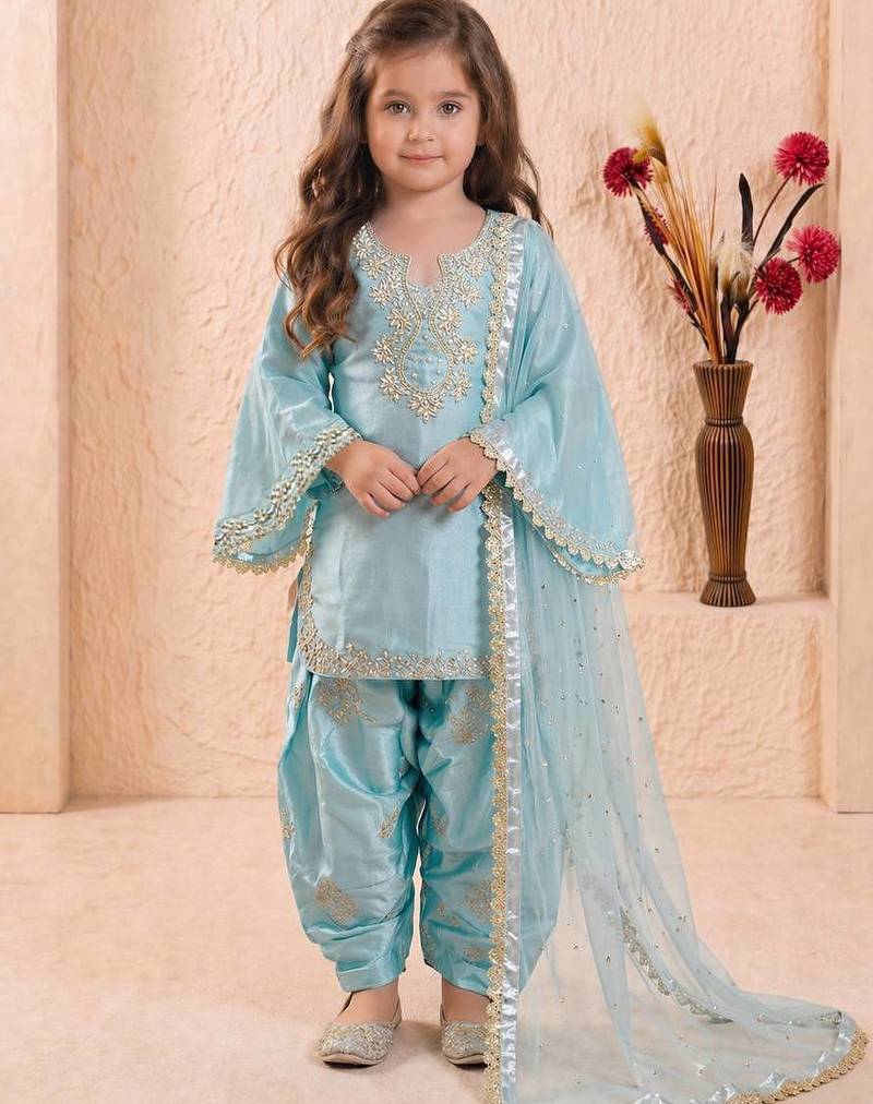 Roman silk embroidery sky blue readymade salwar suit