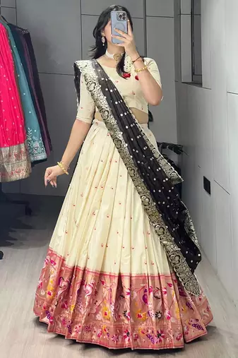 brown paithani silk blend zari weaving lehenga choli 