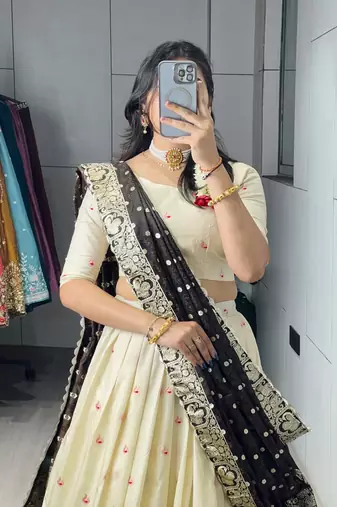 brown paithani silk blend zari weaving lehenga choli 