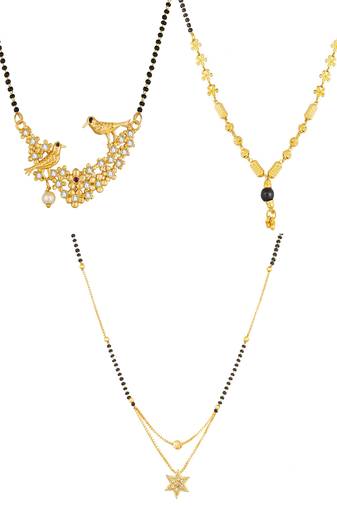 gold-tone twin birds ad stone mangalsutra set with star pendant and floral bead chain