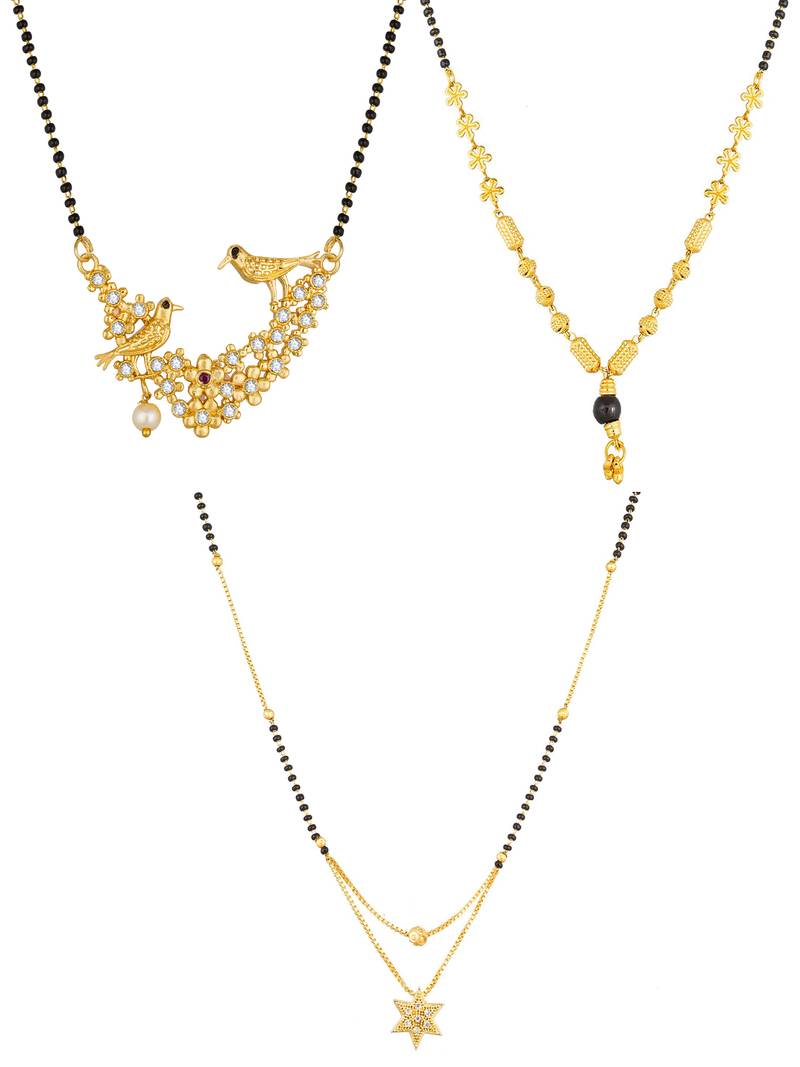 gold-tone twin birds ad stone mangalsutra set with star pendant and floral bead chain