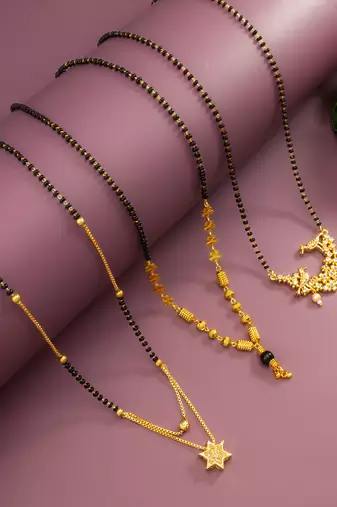 gold-tone twin birds ad stone mangalsutra set with star pendant and floral bead chain
