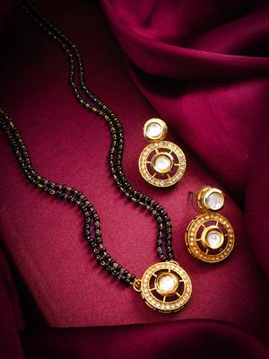 gold-tone ganesh pendant and leaf chain mangalsutra set with ad stone paan pendant and earrings 5