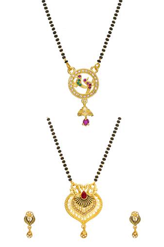 gold-tone temple style peacock mangalsutra set with swan pendant and multicolor stones