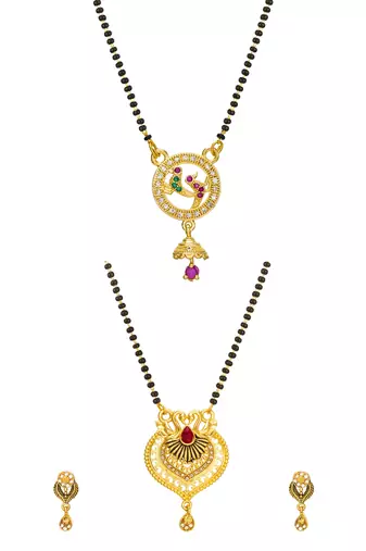 gold-tone temple style peacock mangalsutra set with swan pendant and multicolor stones