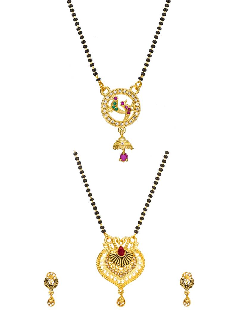 gold-tone temple style peacock mangalsutra set with swan pendant and multicolor stones