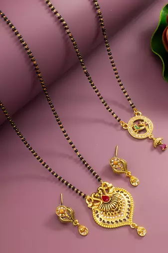 gold-tone temple style peacock mangalsutra set with swan pendant and multicolor stones