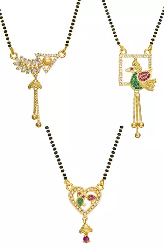 gold-tone ad stone mangalsutra combo set with peacock, heart, and baguette crystal pendants