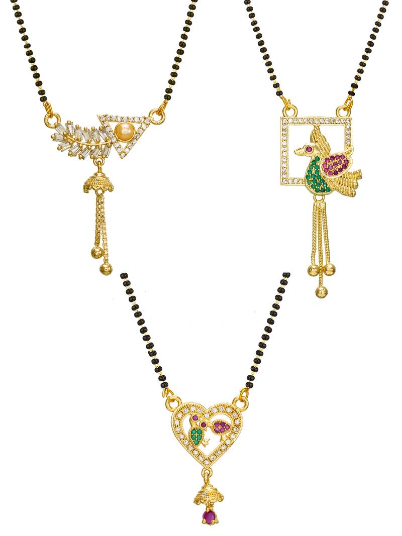 gold-tone ad stone mangalsutra combo set with peacock, heart, and baguette crystal pendants