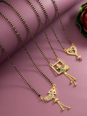gold-tone ad stone mangalsutra combo set with peacock, heart, and baguette crystal pendants 2
