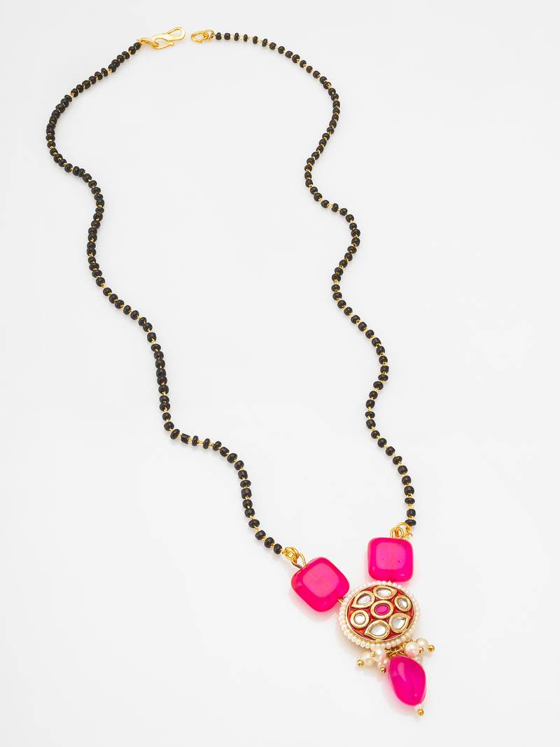 black bead kundan mangalsutra with stone pendant and pearl drops