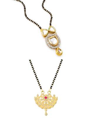kundan stone black bead mangalsutra and gold-tone filigree fan pendant mangalsutra 1