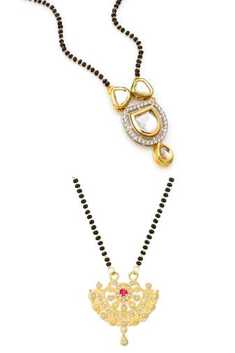 kundan stone black bead mangalsutra and gold-tone filigree fan pendant mangalsutra