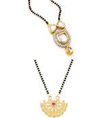 kundan stone black bead mangalsutra and gold-tone filigree fan pendant mangalsutra