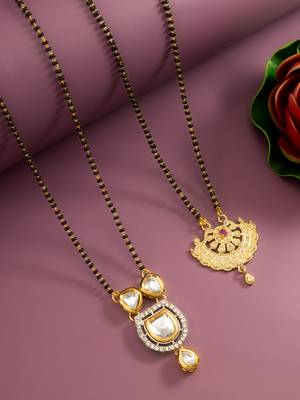 kundan stone black bead mangalsutra and gold-tone filigree fan pendant mangalsutra 2