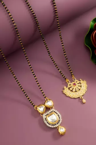 kundan stone black bead mangalsutra and gold-tone filigree fan pendant mangalsutra