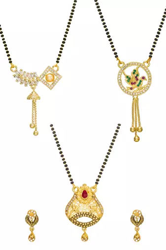 traditional gold-tone ad stone mangalsutra set with floral pendant and peacock design