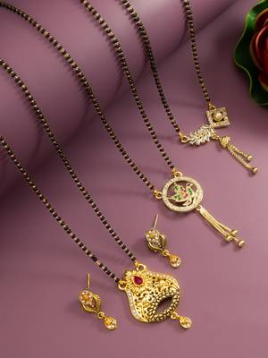 traditional gold-tone ad stone mangalsutra set with floral pendant and peacock design 2