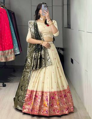 green silk blend zari weaving lehenga choli  1