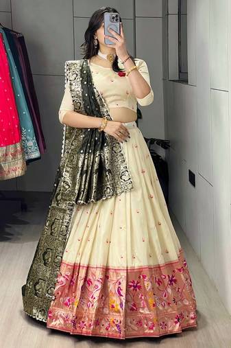 green silk blend zari weaving lehenga choli 