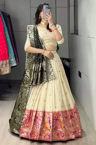 green silk blend zari weaving lehenga choli 