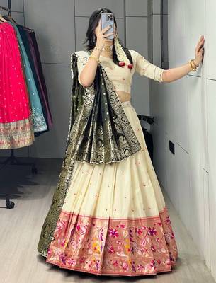 green silk blend zari weaving lehenga choli  2