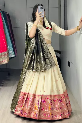 green silk blend zari weaving lehenga choli 