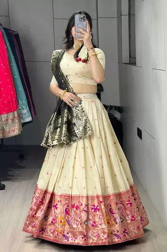 green silk blend zari weaving lehenga choli 