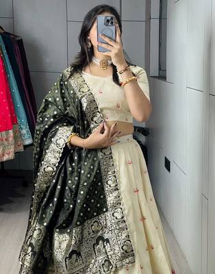 green silk blend zari weaving lehenga choli  4
