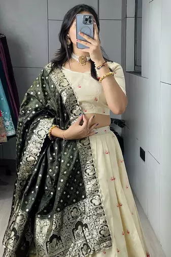 green silk blend zari weaving lehenga choli 