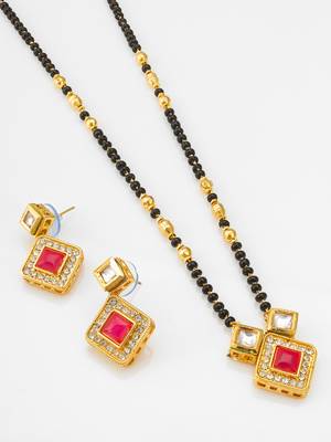 kundan mangalsutra set with pink stone square pendant and matching earrings 2
