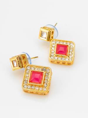 kundan mangalsutra set with pink stone square pendant and matching earrings 3